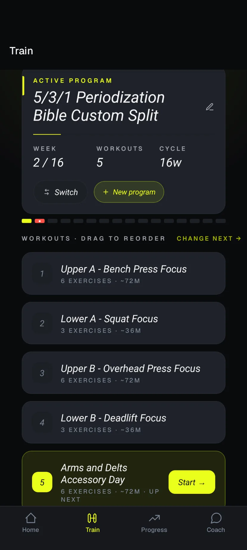 HAUL Train screen: an active 5/3/1 program with five workouts
